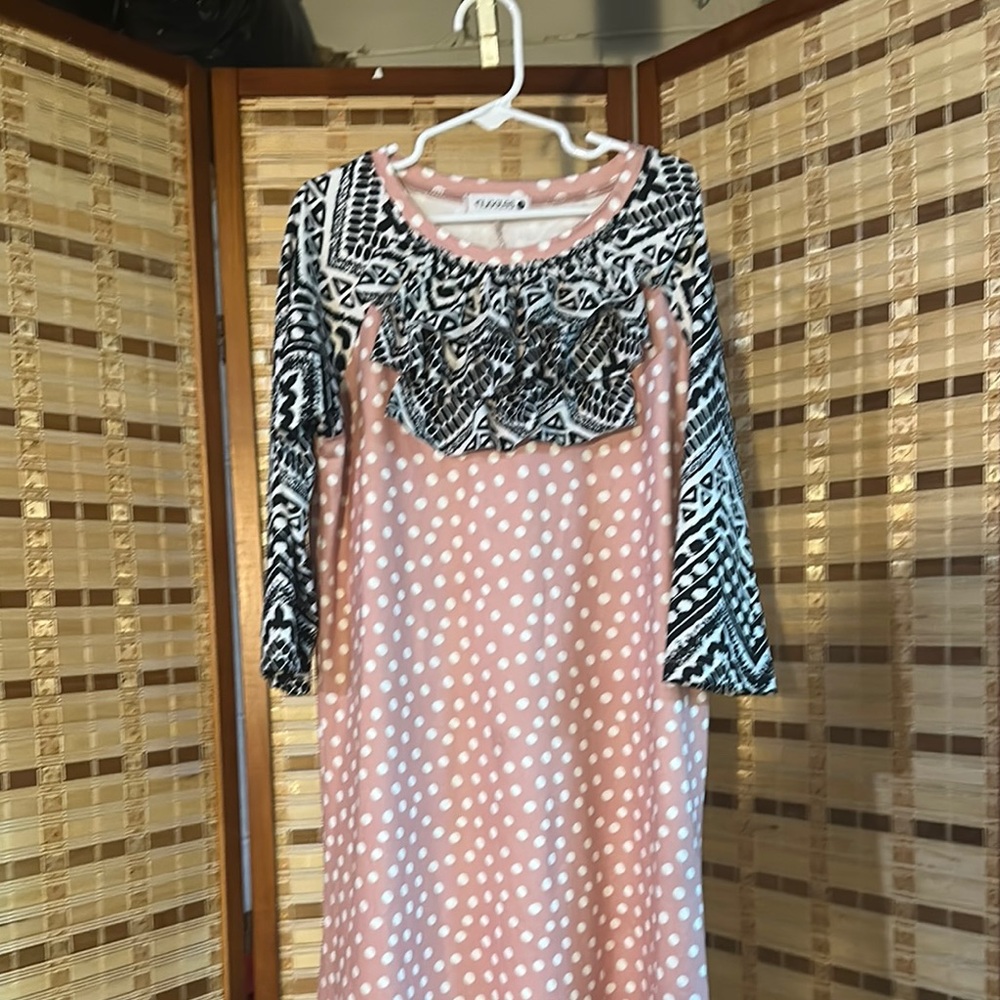 Pink Polka Dot Dress with Black and White Patterned Sleeves